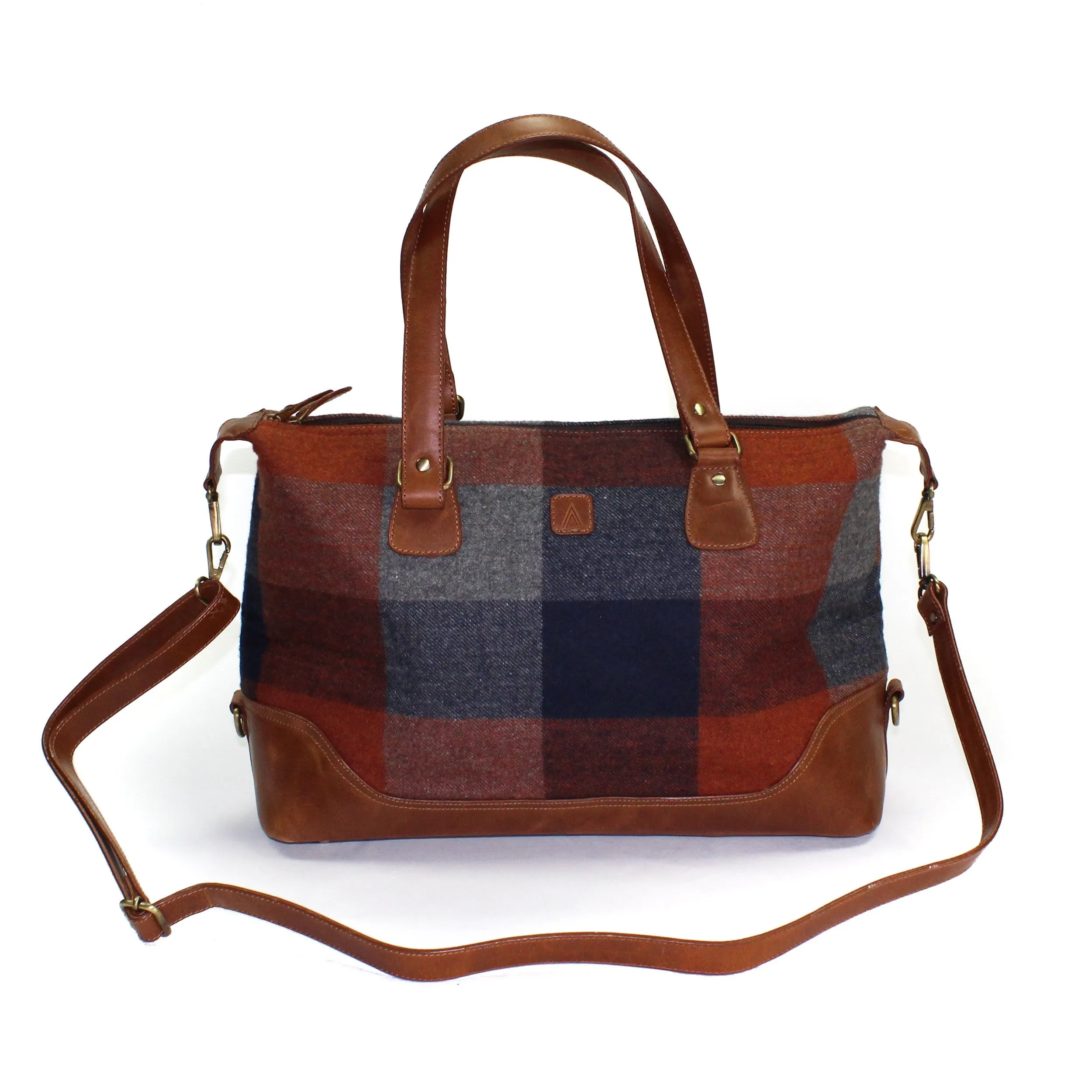 Rust Check & Tan Leather Travel Overnight Bag