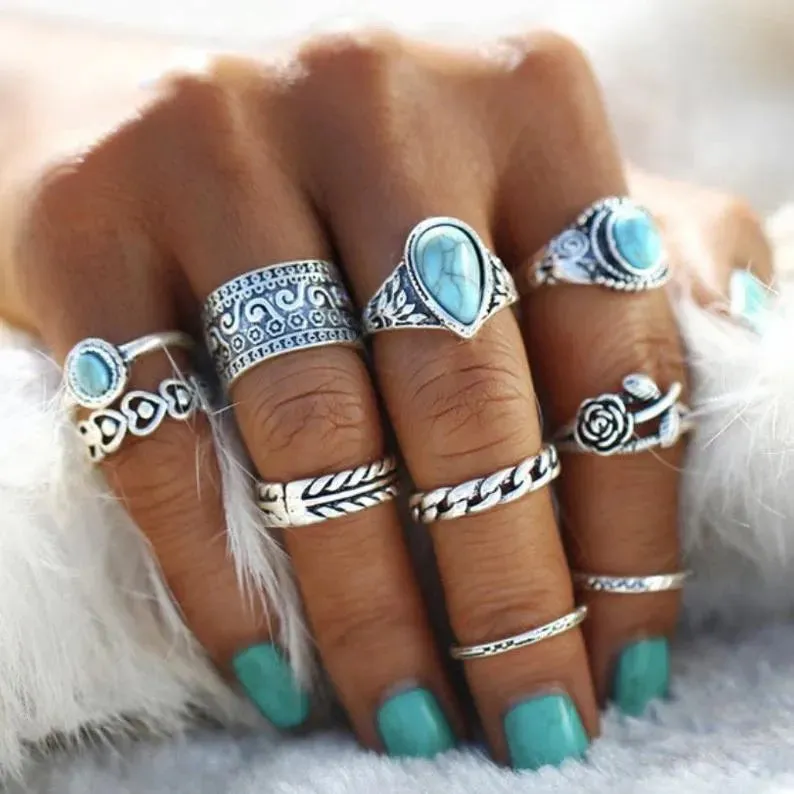 Sage Spirit Turquoise Ring Set – 10 Pieces
