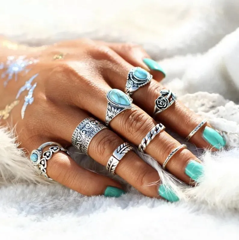 Sage Spirit Turquoise Ring Set – 10 Pieces