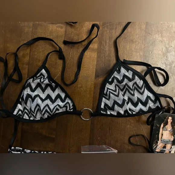 Sexy Skimpy Dreamgirl Zig Zag 3pc Club Rave Bikini Top w/ Skirt &amp; Thong Lingerie