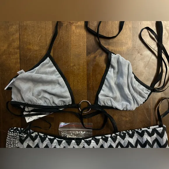 Sexy Skimpy Dreamgirl Zig Zag 3pc Club Rave Bikini Top w/ Skirt &amp; Thong Lingerie