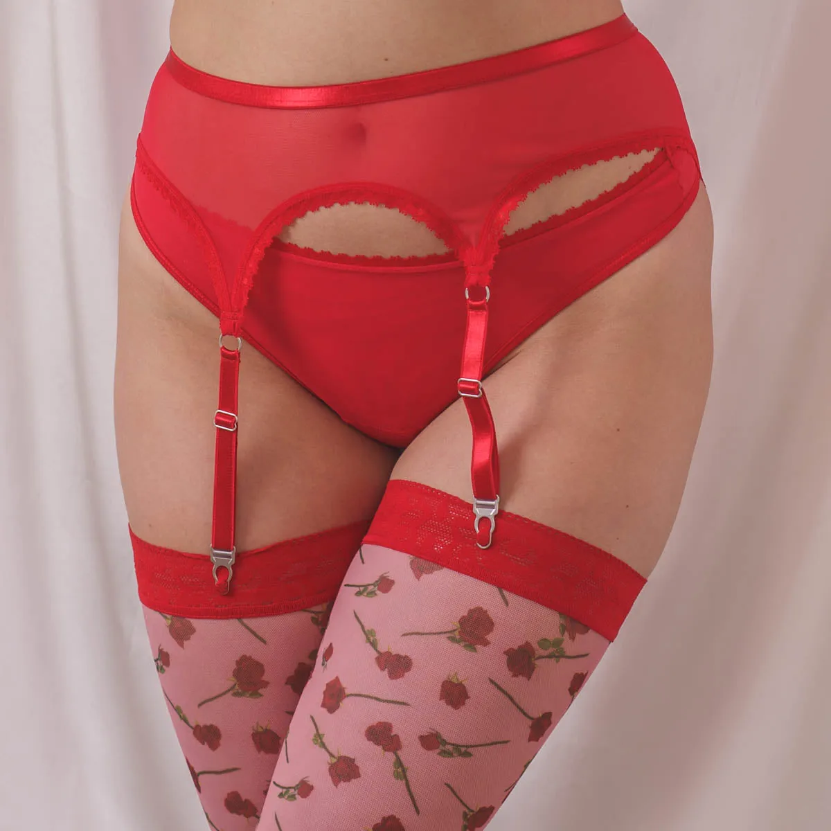 Sheerly Mesh Adjustable Garter Belt in Rose Red