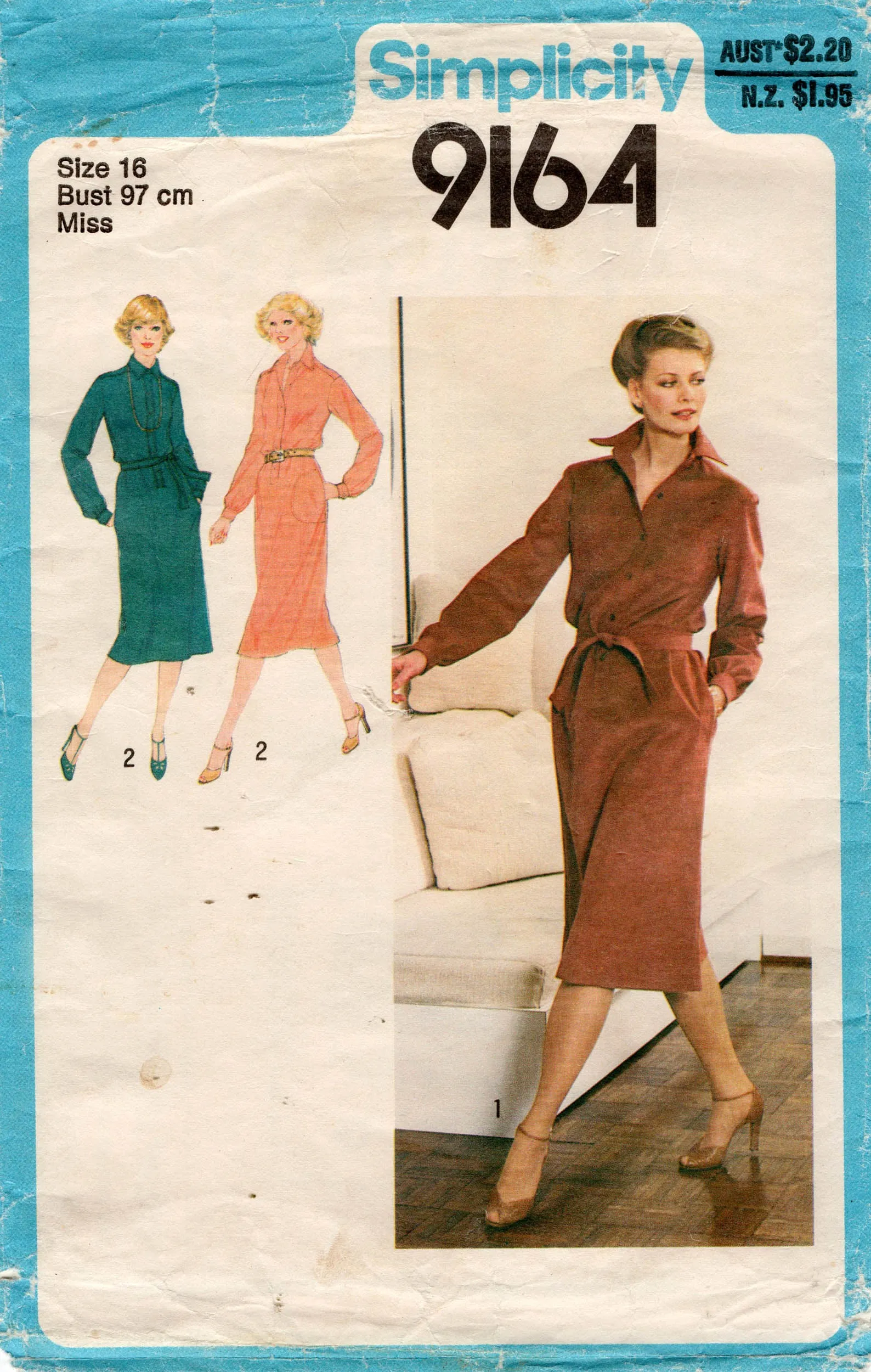 Simplicity 9164 Womens Wide Collar Shirtdress with Pockets 1970s Vintage Sewing Pattern Size 16 Bust 38 inches