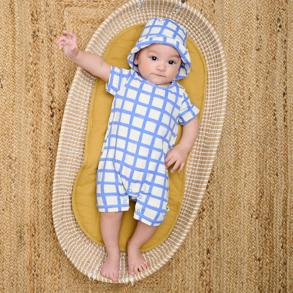 Skiff & Sunrise Set - Blue Checker Baby Shorty Playsuit & Hat Set