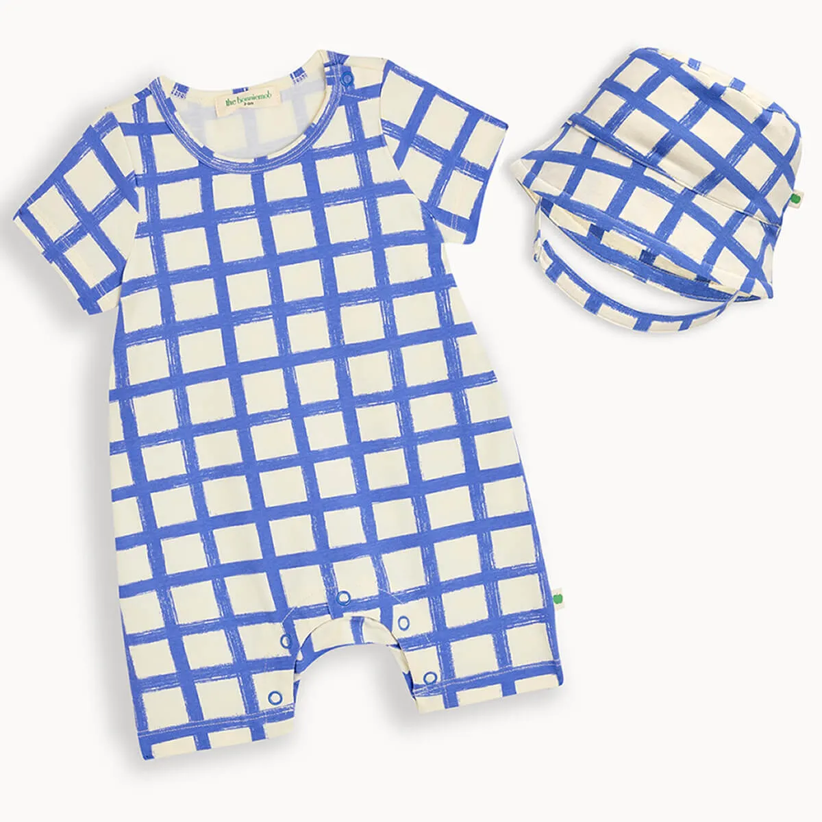 Skiff & Sunrise Set - Blue Checker Baby Shorty Playsuit & Hat Set