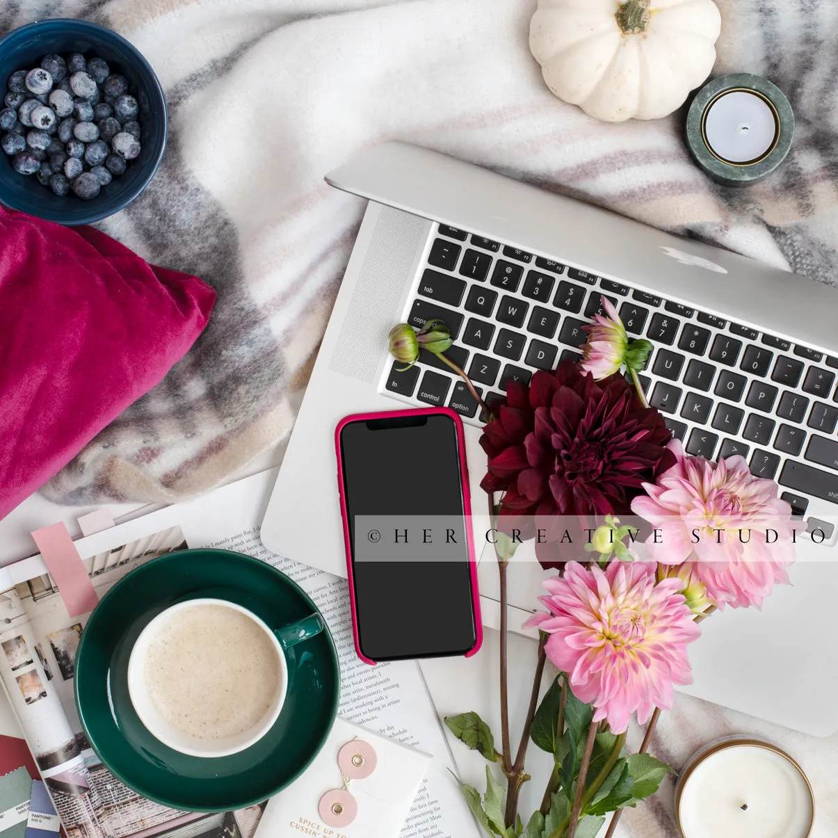 Smartphone, Laptop & Dahlia Workspace Styled Image