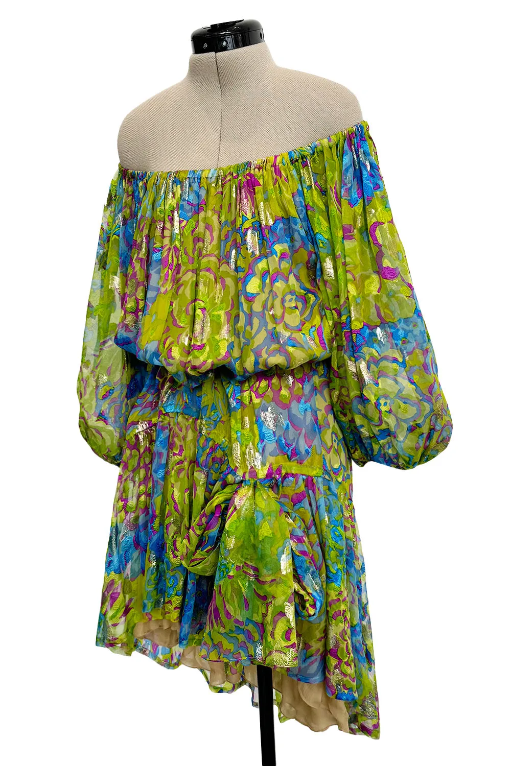 Spectacular Spring 1990 Yves Saint Laurent Runway Adjustable Length Metallic Silk Chiffon Dress