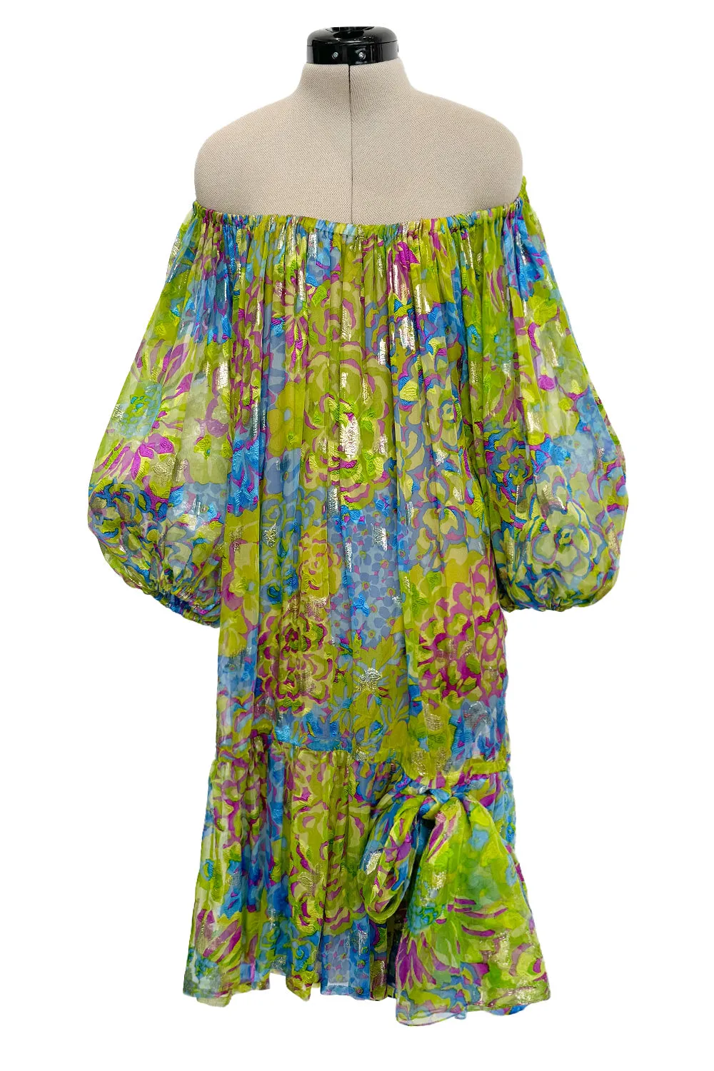Spectacular Spring 1990 Yves Saint Laurent Runway Adjustable Length Metallic Silk Chiffon Dress