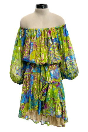 Spectacular Spring 1990 Yves Saint Laurent Runway Adjustable Length Metallic Silk Chiffon Dress