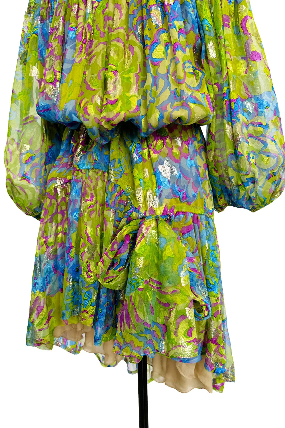 Spectacular Spring 1990 Yves Saint Laurent Runway Adjustable Length Metallic Silk Chiffon Dress