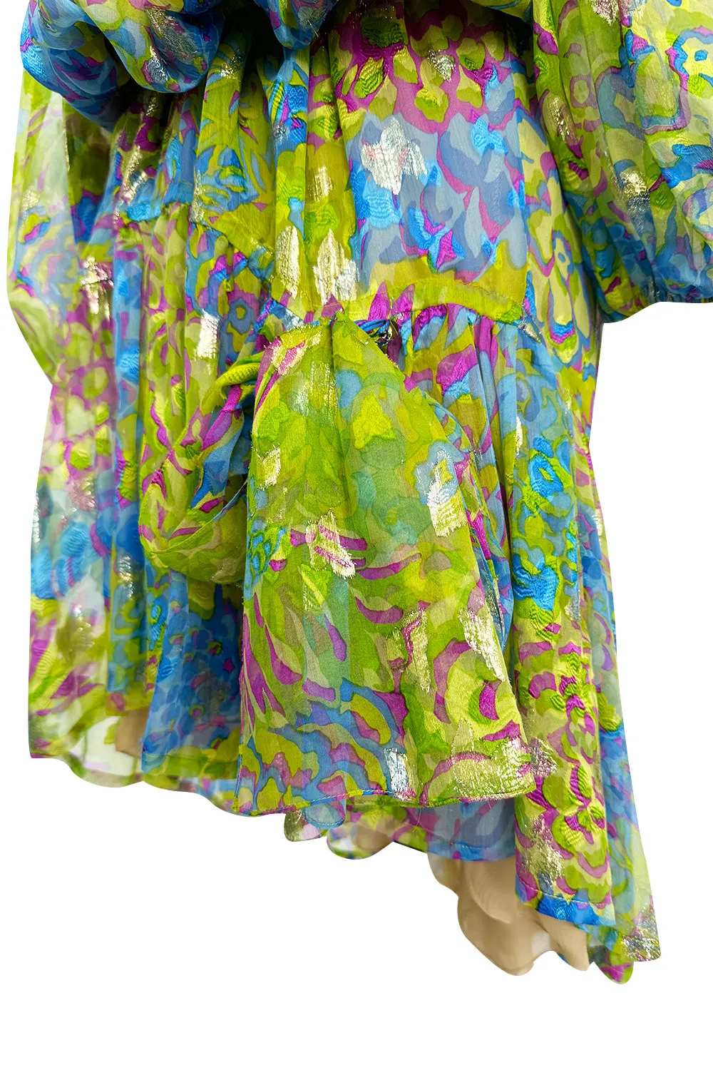 Spectacular Spring 1990 Yves Saint Laurent Runway Adjustable Length Metallic Silk Chiffon Dress