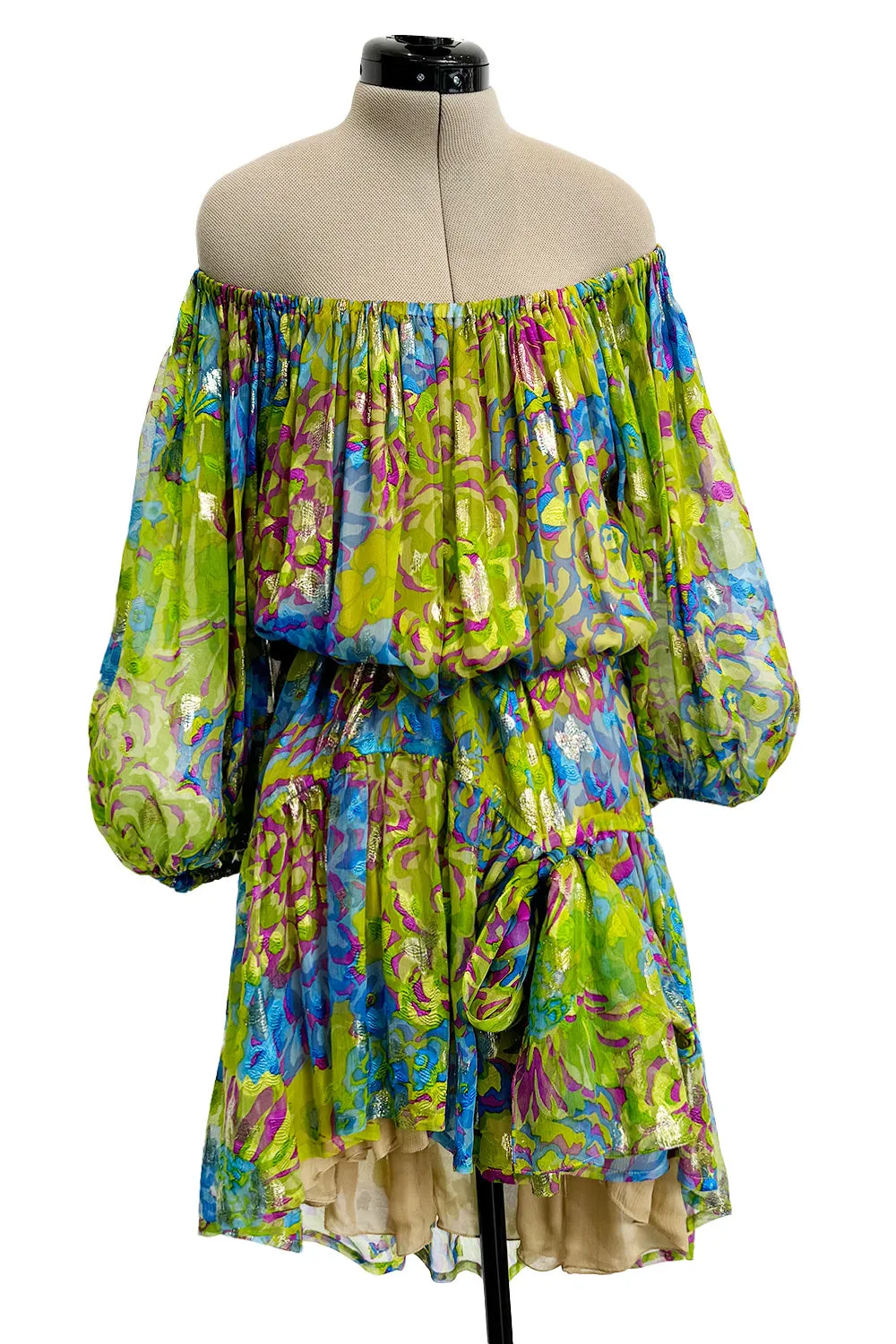 Spectacular Spring 1990 Yves Saint Laurent Runway Adjustable Length Metallic Silk Chiffon Dress