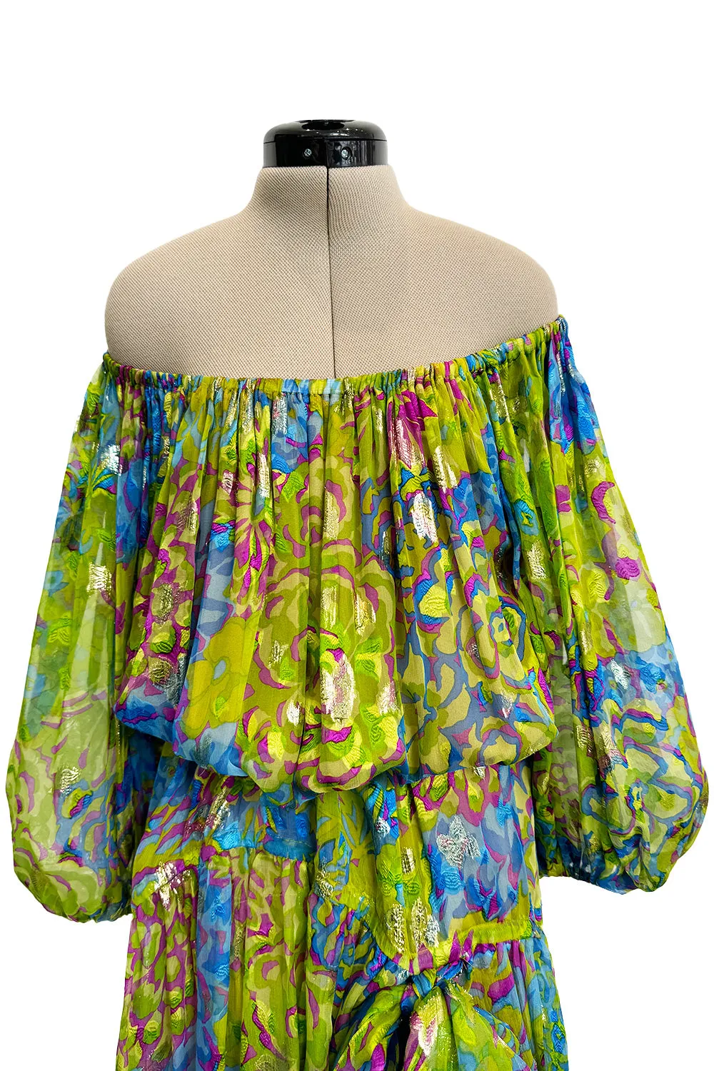 Spectacular Spring 1990 Yves Saint Laurent Runway Adjustable Length Metallic Silk Chiffon Dress