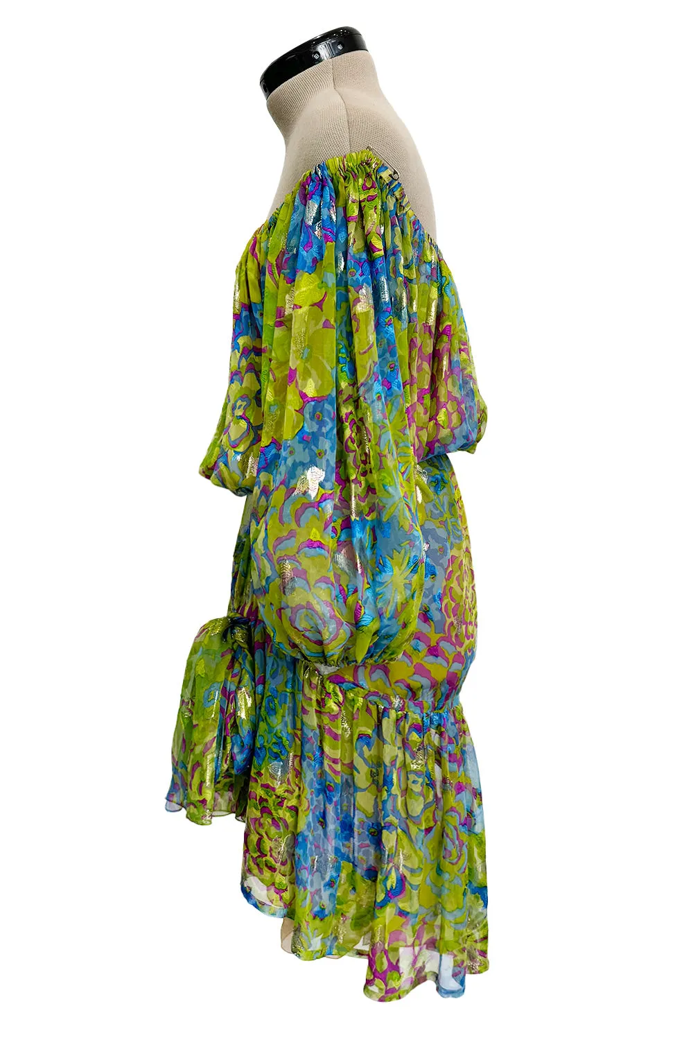 Spectacular Spring 1990 Yves Saint Laurent Runway Adjustable Length Metallic Silk Chiffon Dress