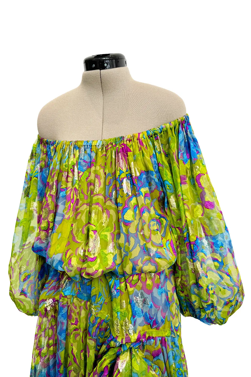 Spectacular Spring 1990 Yves Saint Laurent Runway Adjustable Length Metallic Silk Chiffon Dress