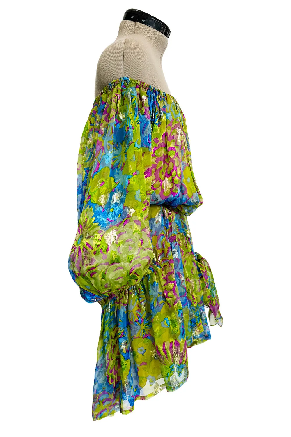 Spectacular Spring 1990 Yves Saint Laurent Runway Adjustable Length Metallic Silk Chiffon Dress