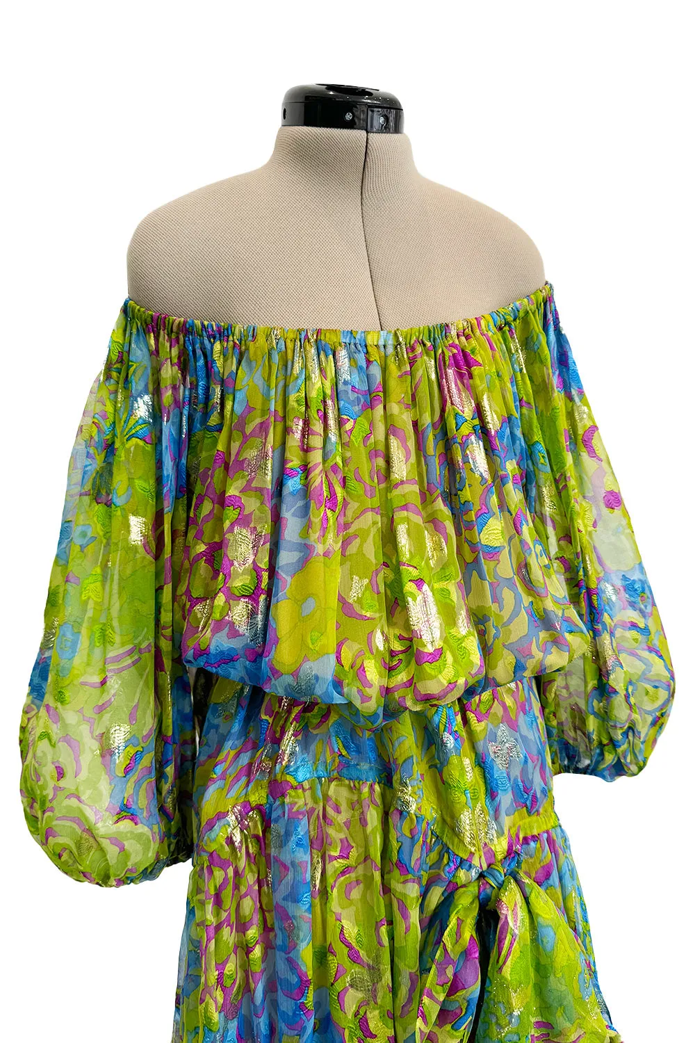 Spectacular Spring 1990 Yves Saint Laurent Runway Adjustable Length Metallic Silk Chiffon Dress