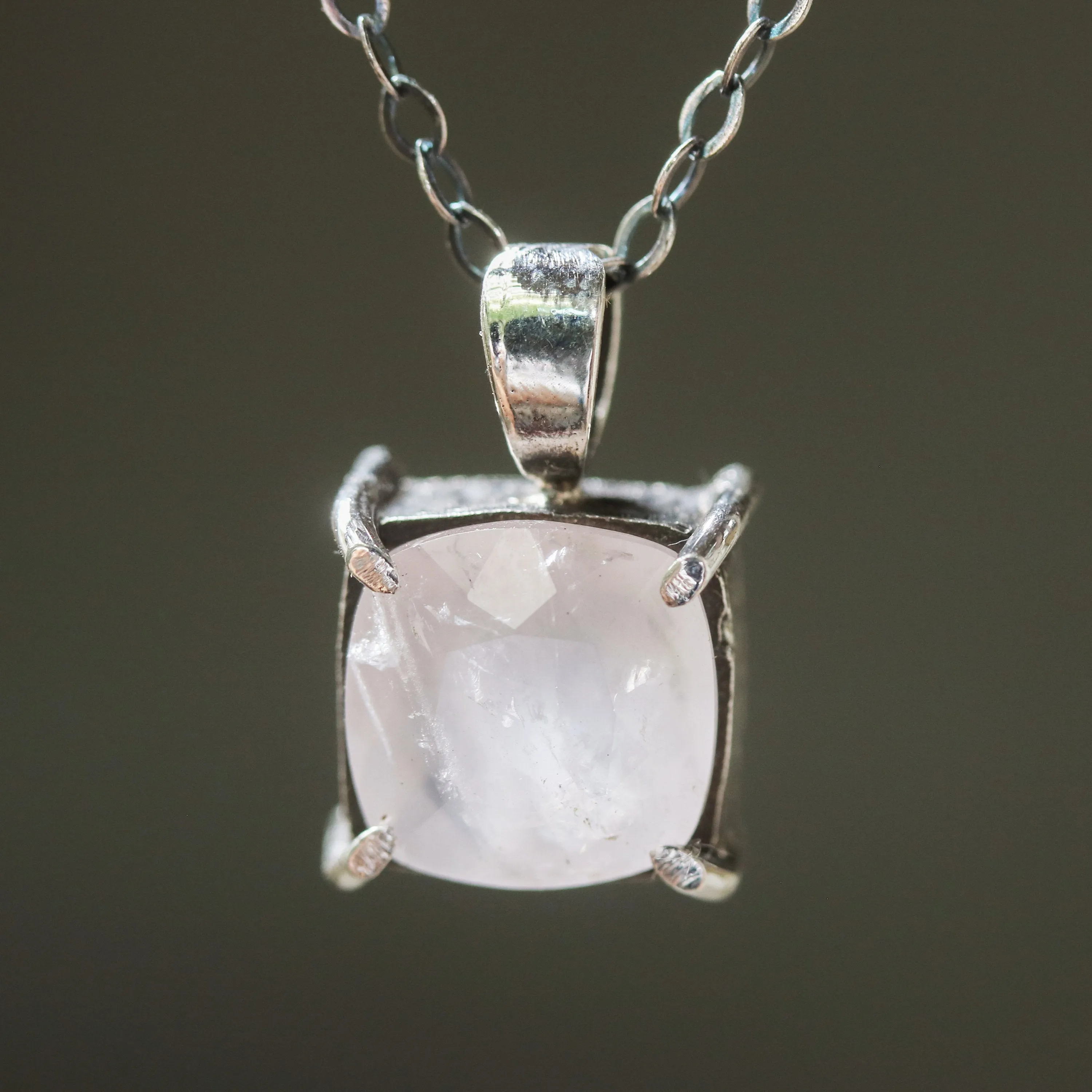 Square faceted Rose quartz gemstone pendant necklace in silver bezel and prongs setting and multi-pink sapphire on the side on chain