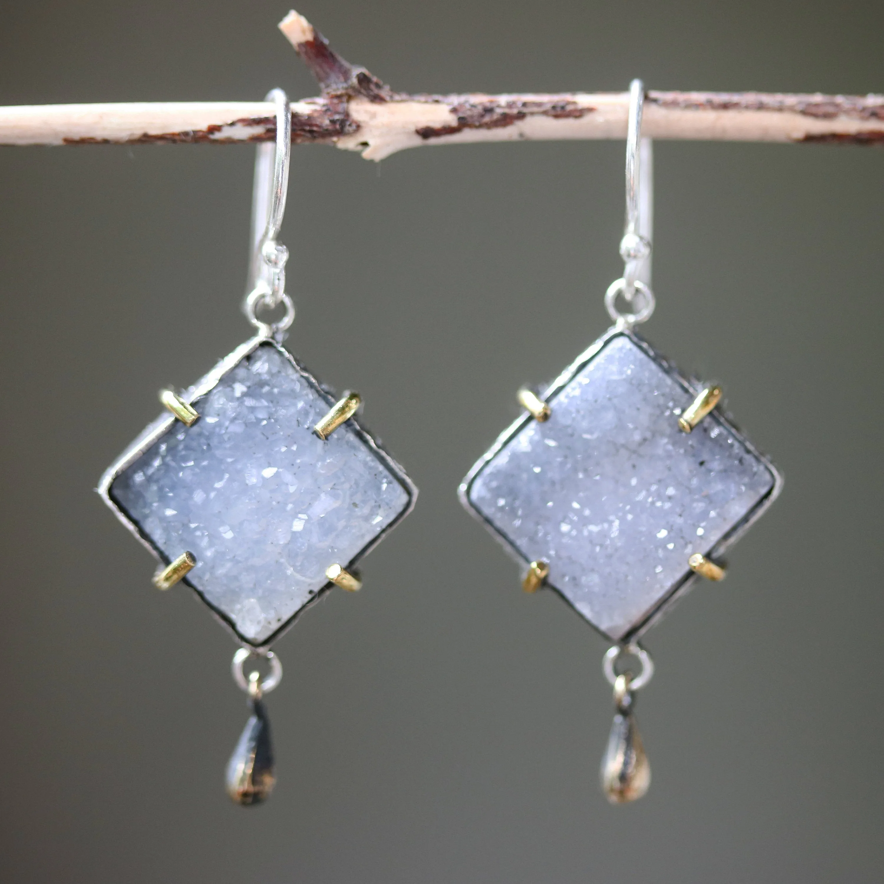 Square gray Druzy earrings in silver bezel setting with brass accent prongs and brass teardrop on sterling silver hooks