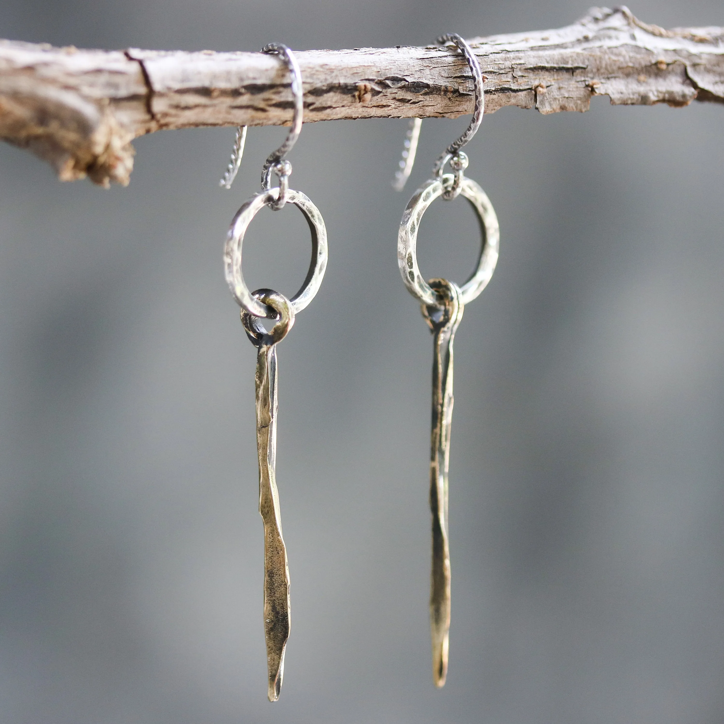 Sterling silver hammer texture circle shape earrings with brass sticks on oxidized sterling silver hooks