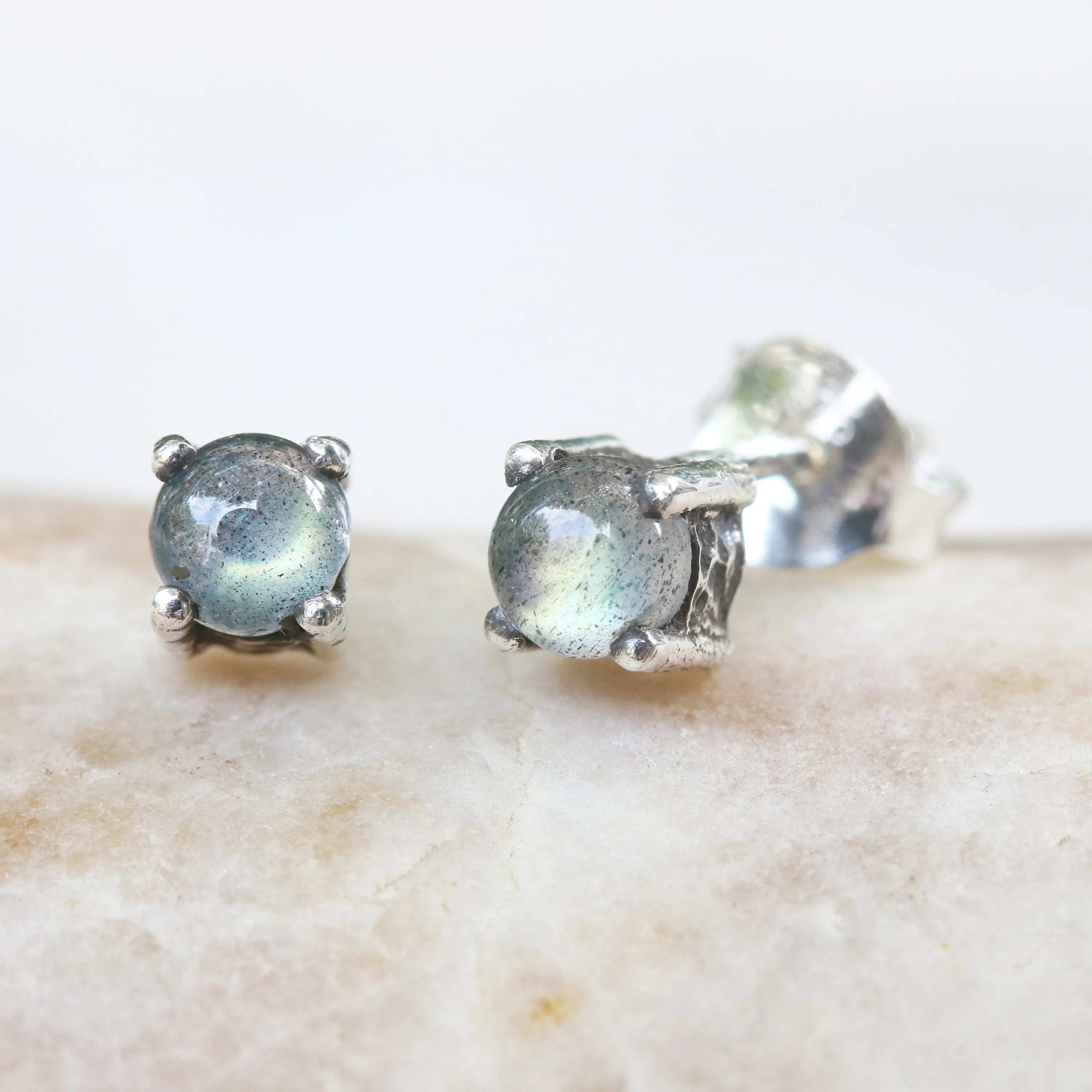 Sterling silver stud earrings with cabochon labradorite in prongs setting with sterling silver post and backing