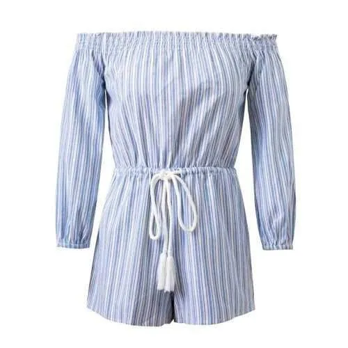 Striped Drawstring Off-The-Shoulder Romper - Light Blue M