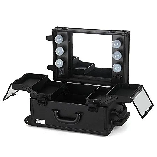 Sunrise Professional 2 Wheels Small Rolling Makeup Cosmetic Train Case with Mirror and Lights no Stand