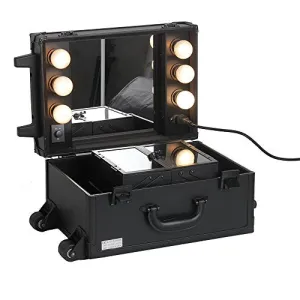 Sunrise Professional 2 Wheels Small Rolling Makeup Cosmetic Train Case with Mirror and Lights no Stand
