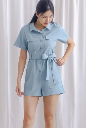 TDC Edith Utility Romper In Light Denim Blue