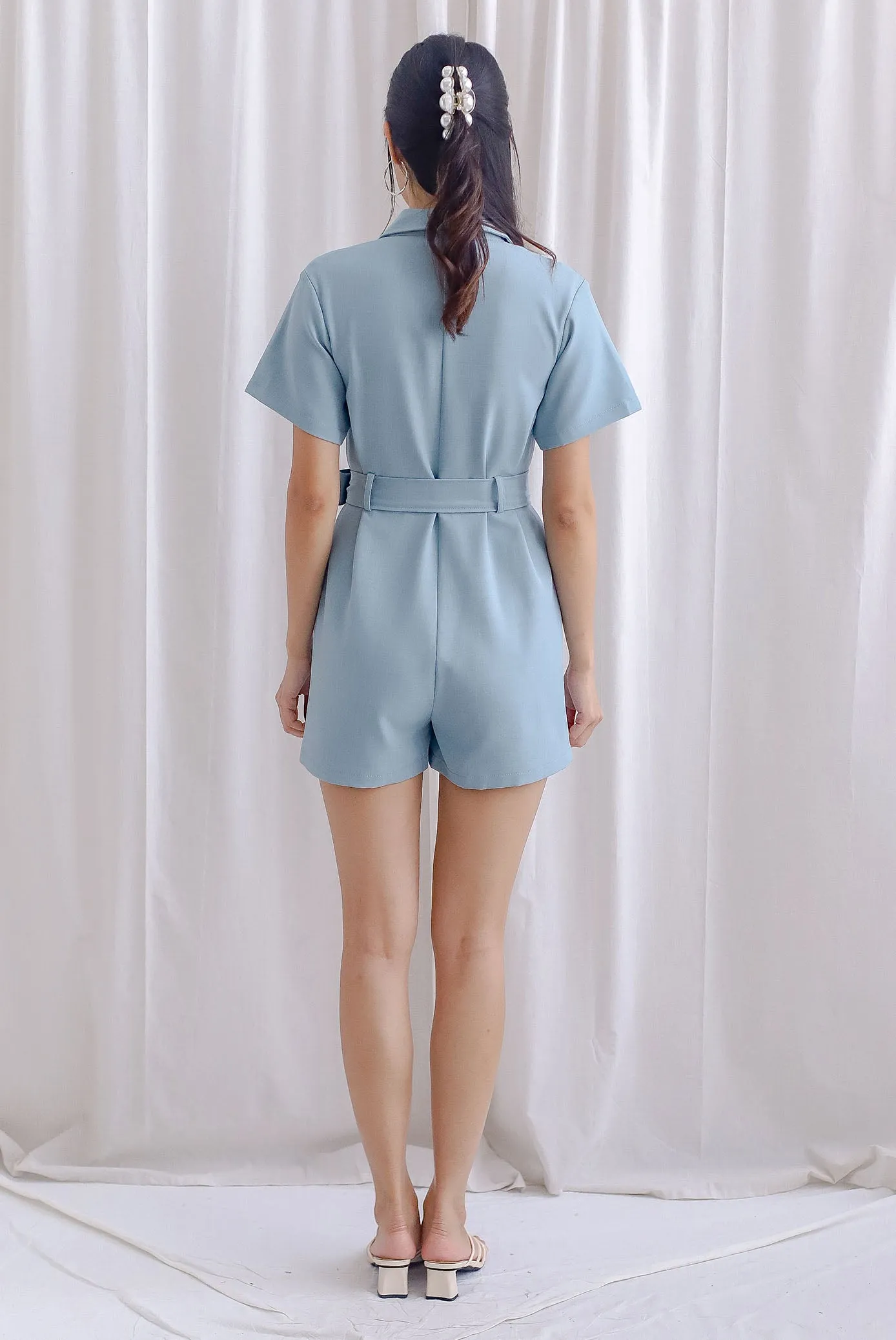 TDC Edith Utility Romper In Light Denim Blue