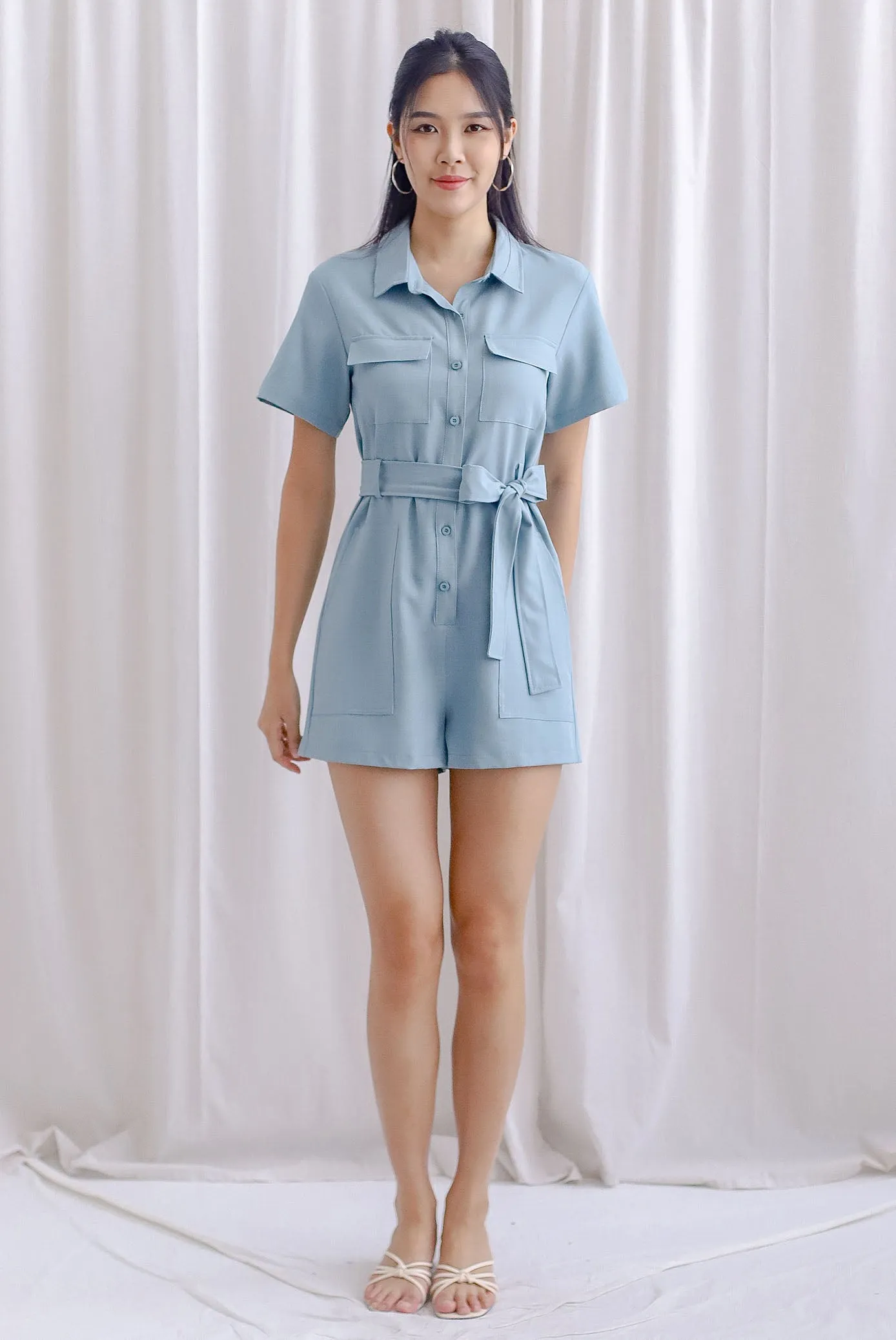 TDC Edith Utility Romper In Light Denim Blue