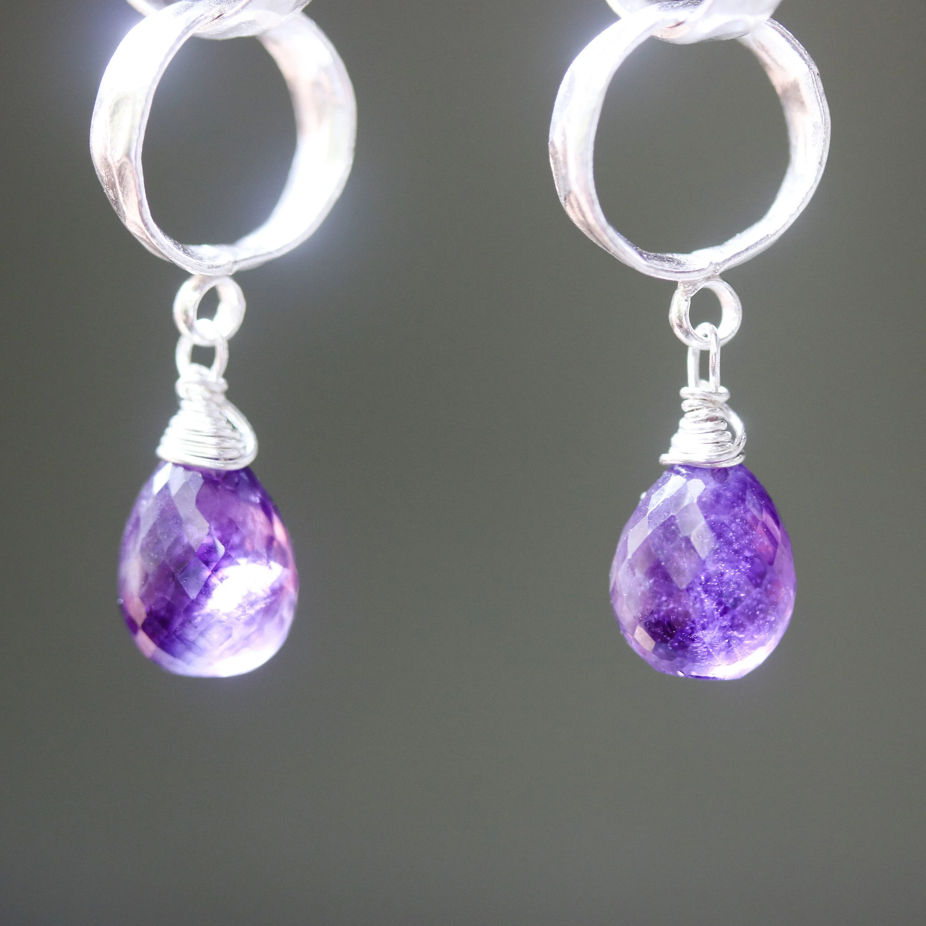 Teardrop faceted Amethyst earrings with 2 ring design sterling silver on silver hooks style