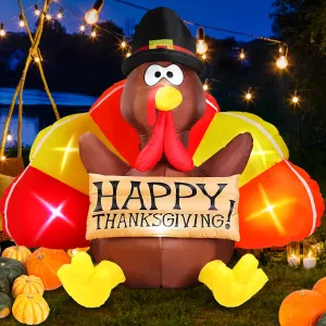 Thanksgiving Inflatables Turkey Outdoor Decorations Danxilu 6 FT with Colorful Big Tail & Pilgrim Hat, Built-in LEDs Blow up Turkey Inflatable Yard Decoration for Outside Fall Harvest Holiday Decor
