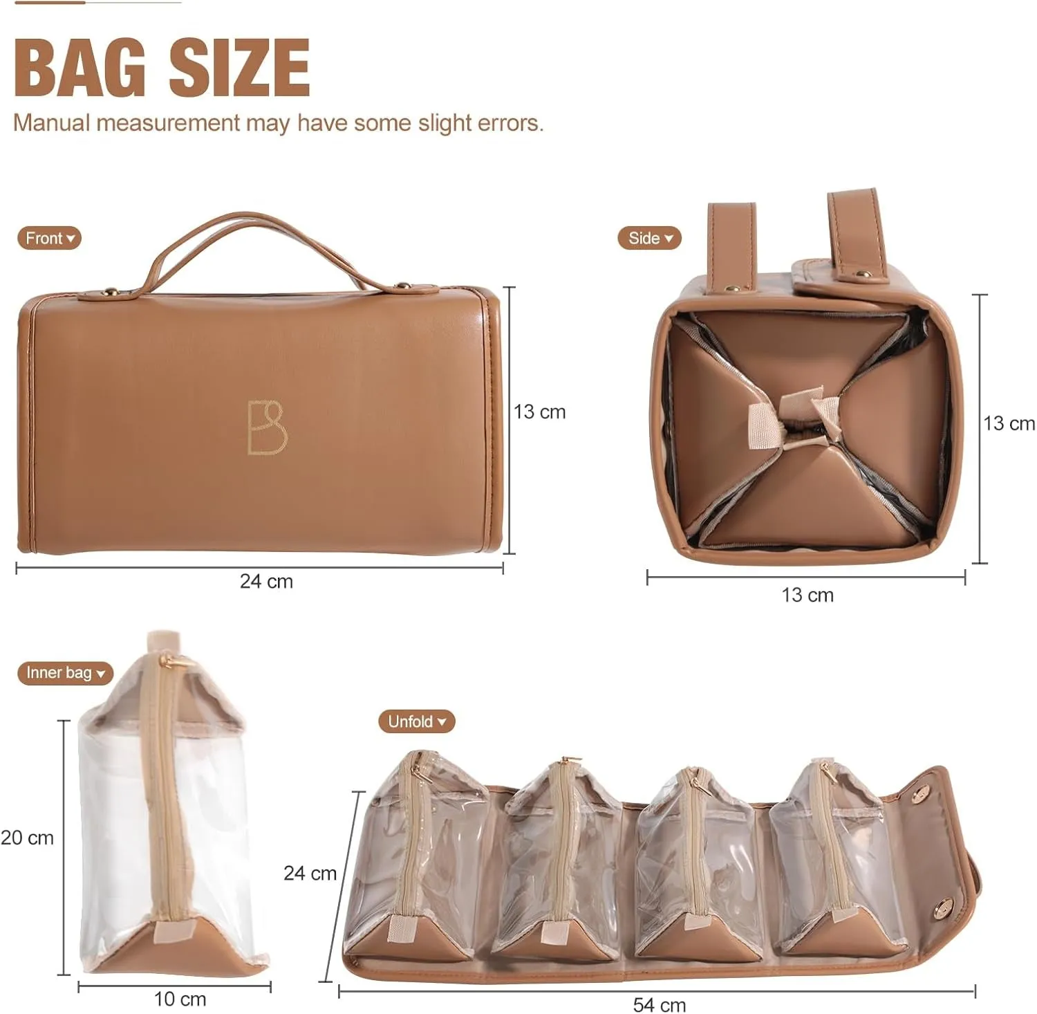 Travel Makeup Bag PU Leather Large Size Elegant Cosmetic Case in Premium PU Leather with 4 Bag for Easy Makeup Organization & Travel Brown