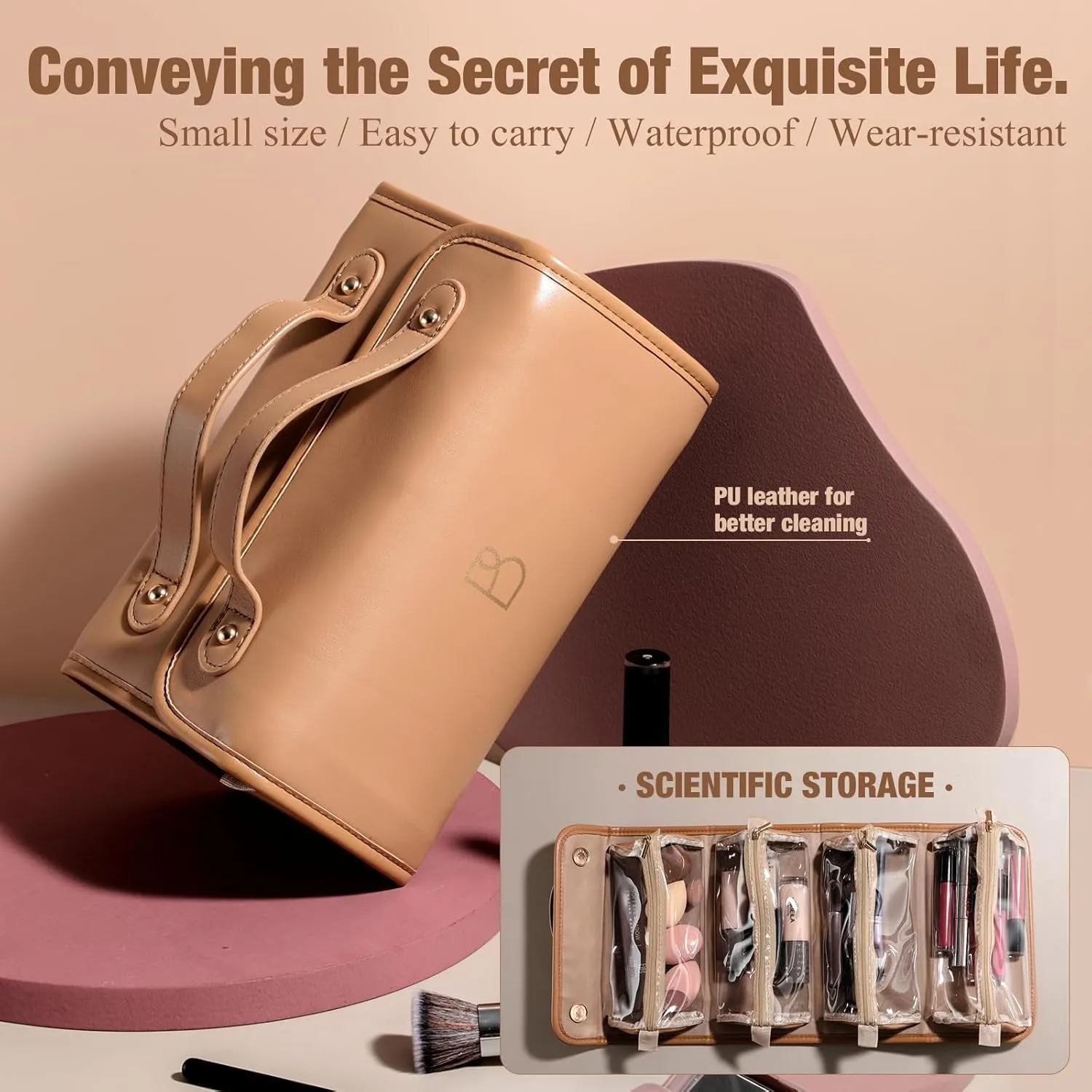 Travel Makeup Bag PU Leather Large Size Elegant Cosmetic Case in Premium PU Leather with 4 Bag for Easy Makeup Organization & Travel Brown
