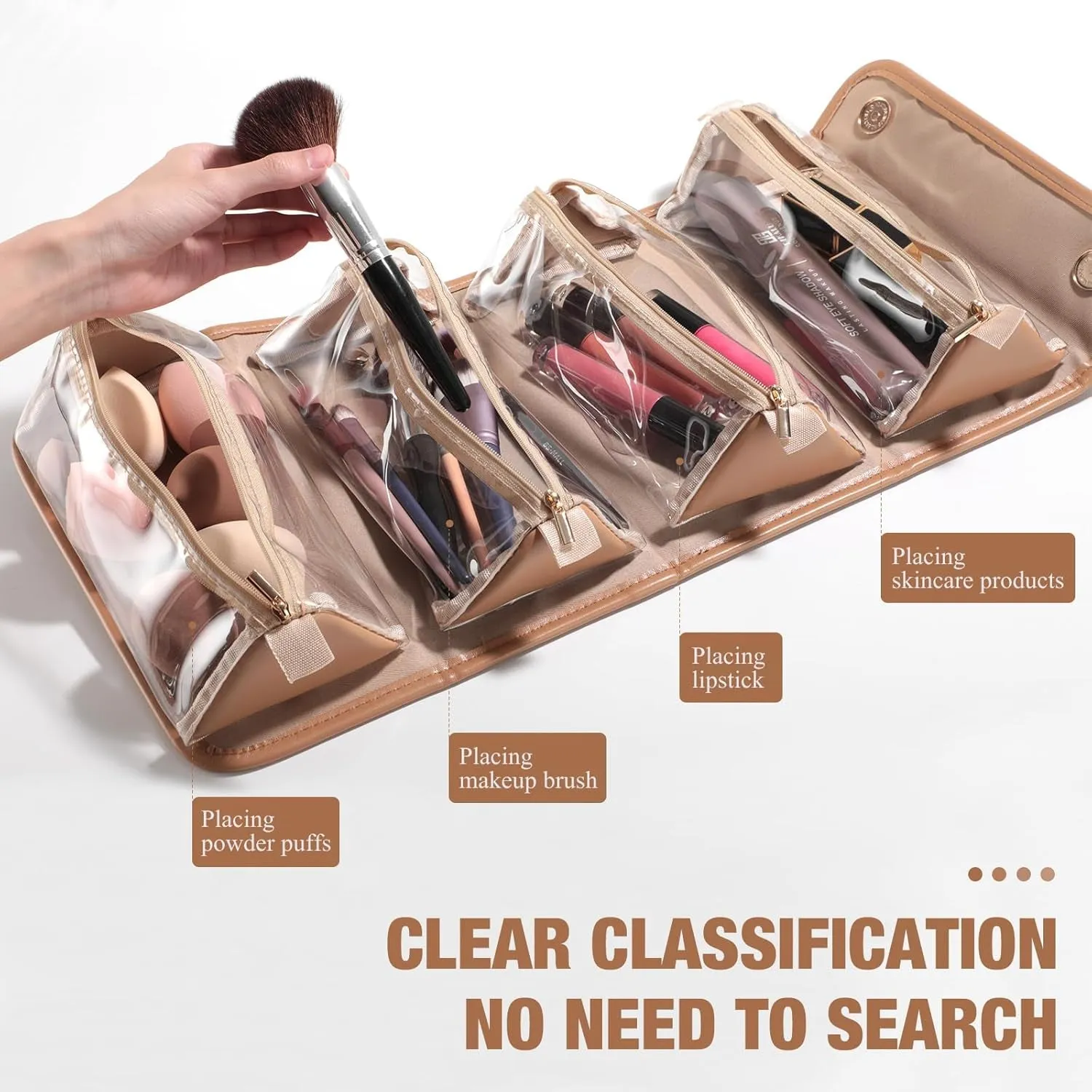 Travel Makeup Bag PU Leather Large Size Elegant Cosmetic Case in Premium PU Leather with 4 Bag for Easy Makeup Organization & Travel Brown