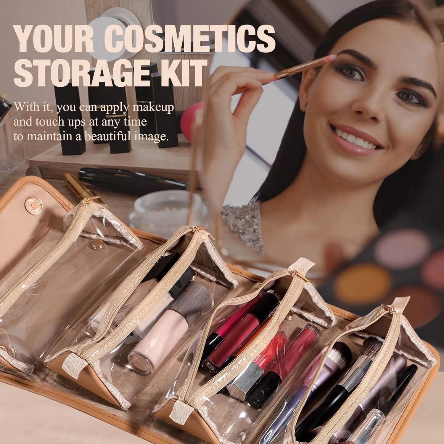 Travel Makeup Bag PU Leather Large Size Elegant Cosmetic Case in Premium PU Leather with 4 Bag for Easy Makeup Organization & Travel Brown