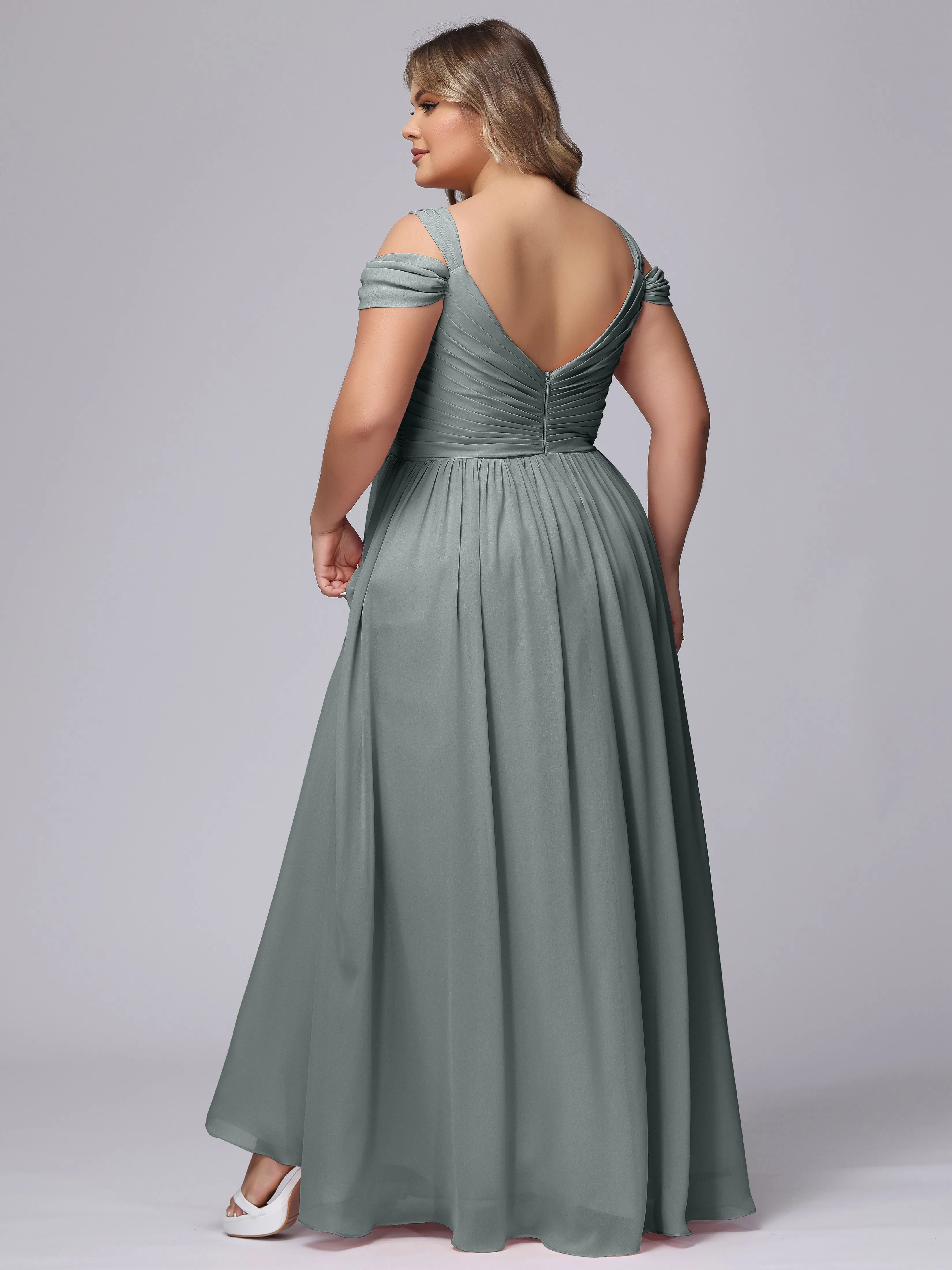V-neck Chiffon Straps Plus Size Long Bridesmaid Dresses