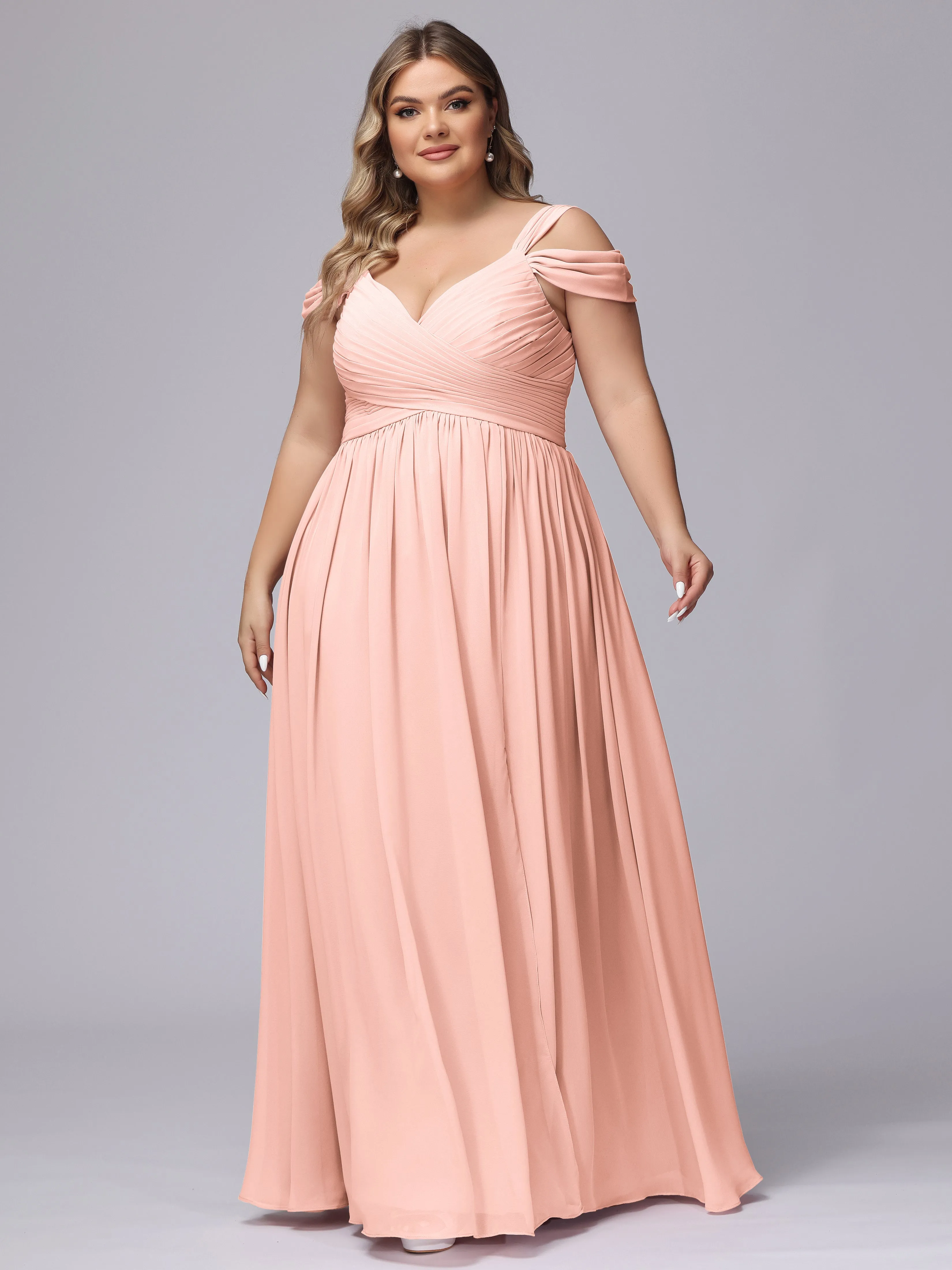 V-neck Chiffon Straps Plus Size Long Bridesmaid Dresses