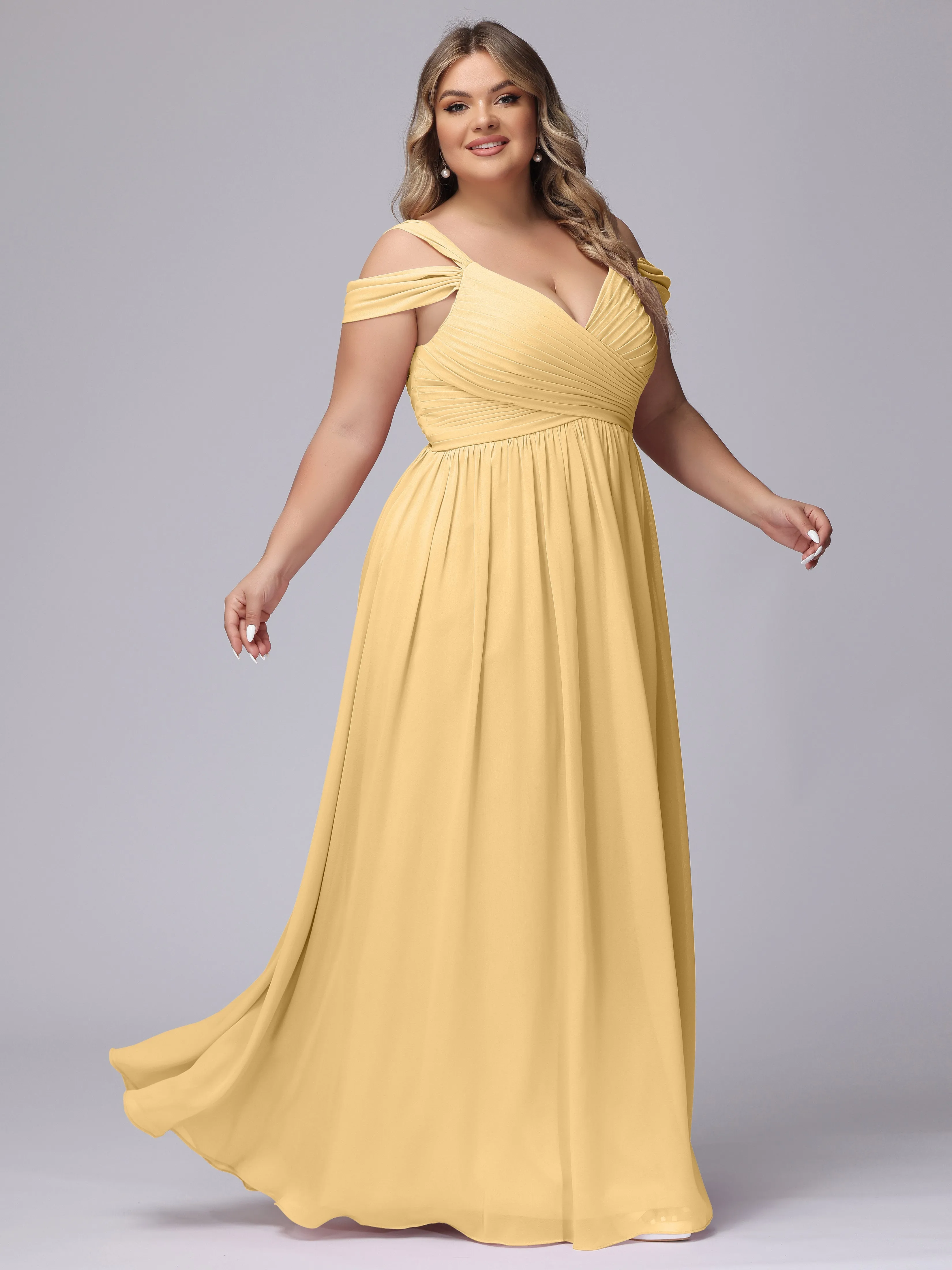 V-neck Chiffon Straps Plus Size Long Bridesmaid Dresses
