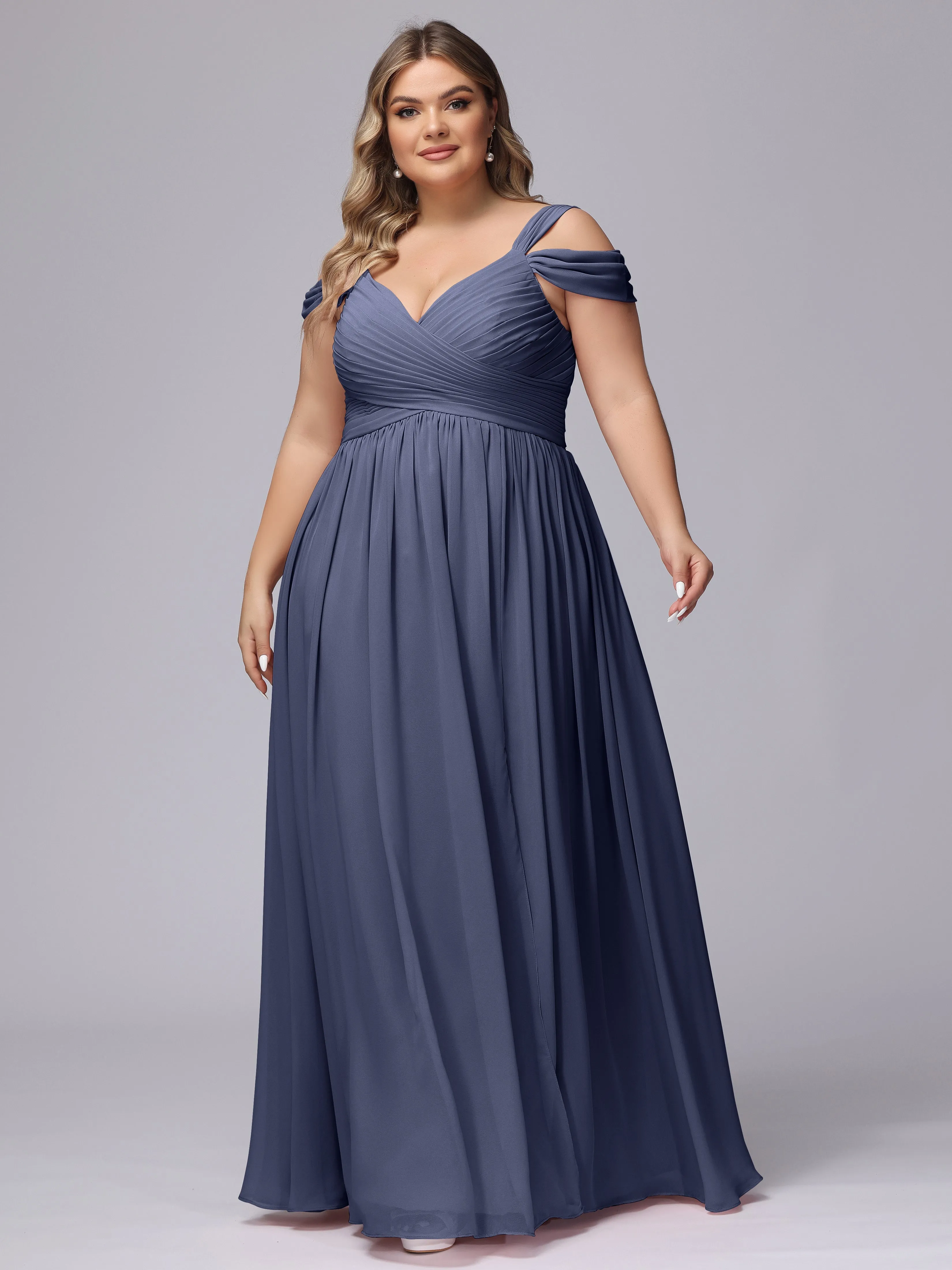 V-neck Chiffon Straps Plus Size Long Bridesmaid Dresses