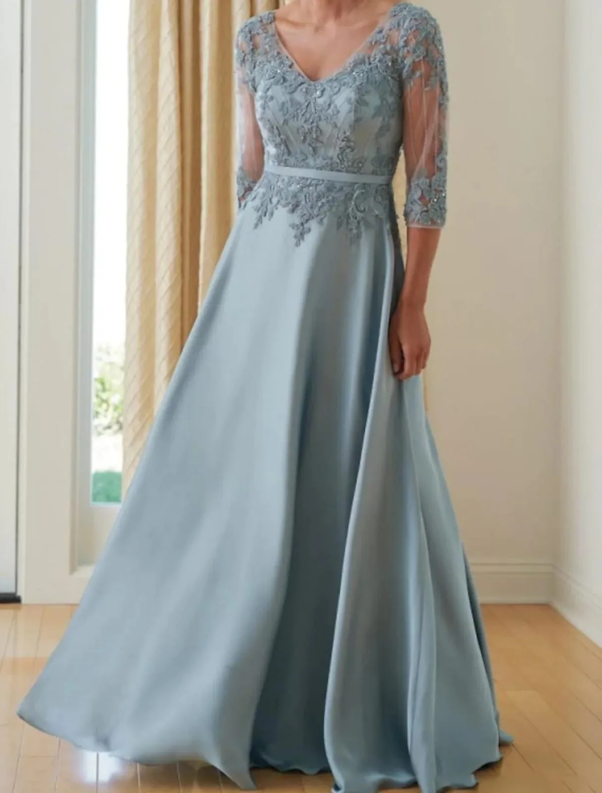 V Neck Floor Length Chiffon A-line Mother of Bride Dress, Lace