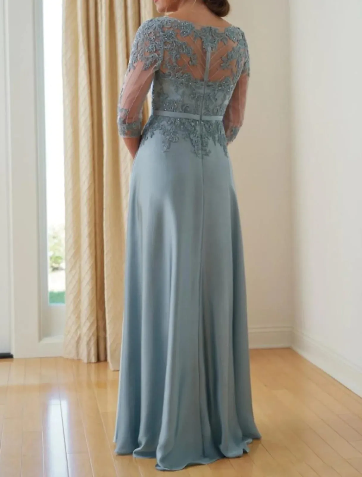 V Neck Floor Length Chiffon A-line Mother of Bride Dress, Lace