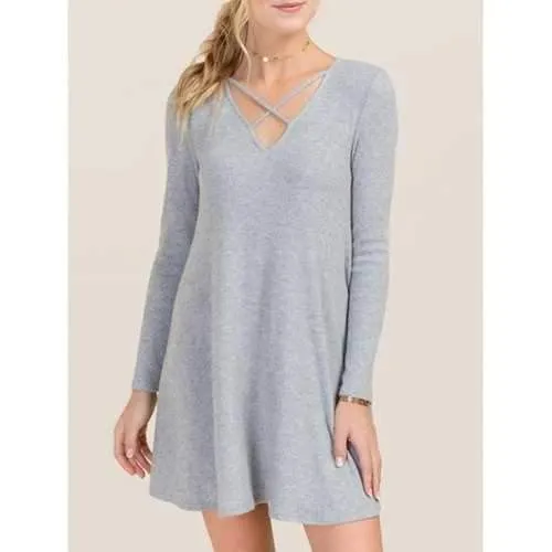 V-Neck Knitted Dress - Light Gray S