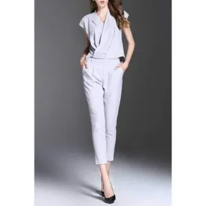 V Neck Solid Color Convertible Jumpsuit - Light Gray S