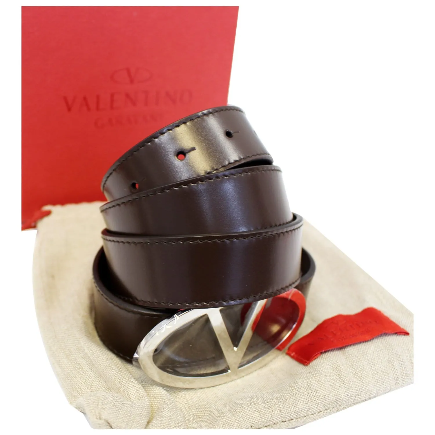 Valentino Logo Dark Brown Leather Belt Size 36