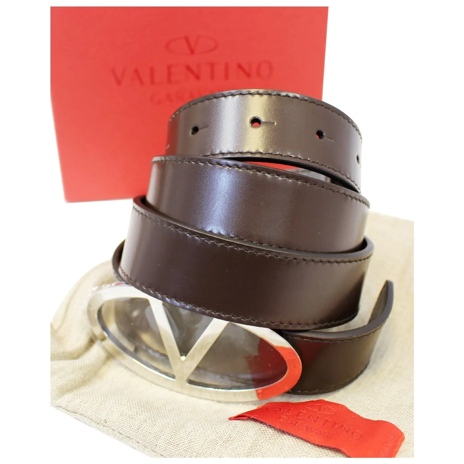 Valentino Logo Dark Brown Leather Belt Size 36