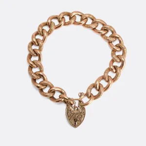 Victorian Rose Gold Curb-Link Bracelet With Heart Padlock Clasp