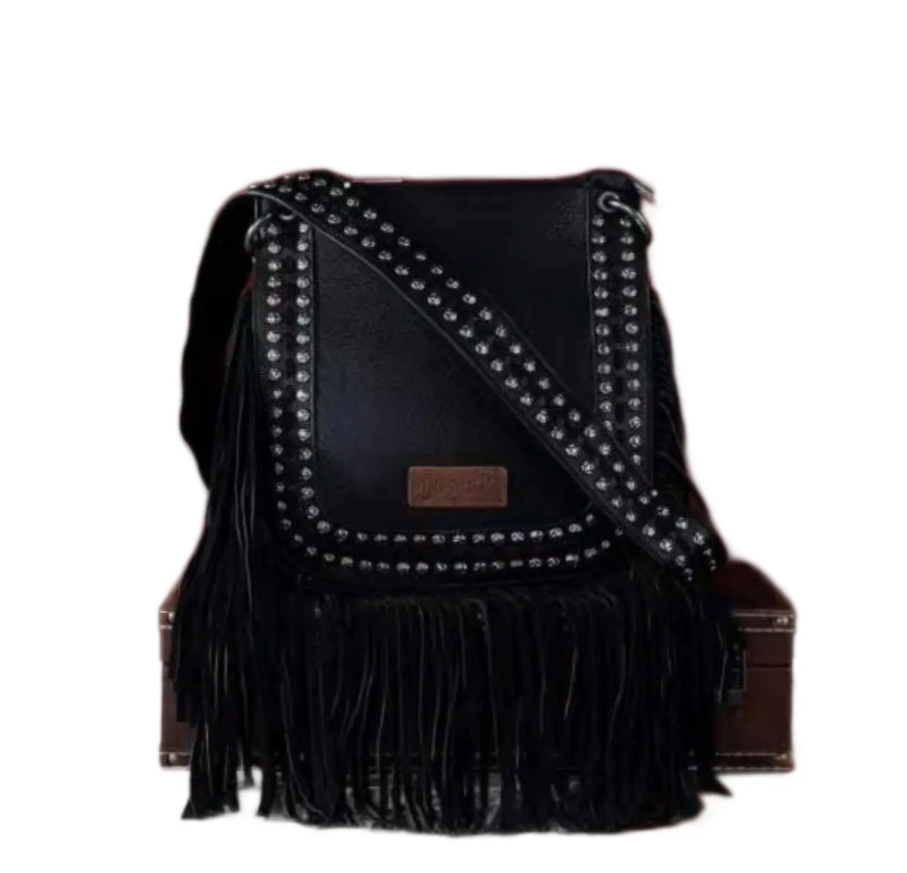 Viral Wrangler Rivets Fringe Concealed Carry Crossbody Purse -Black