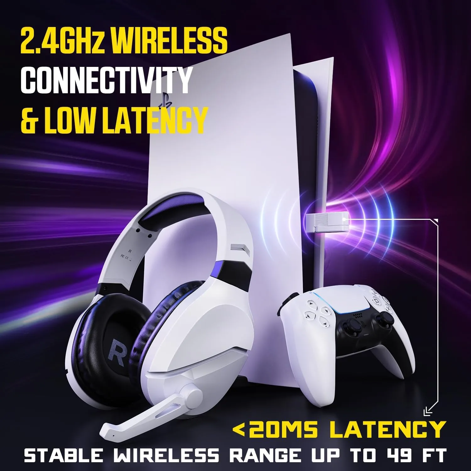 Wireless Gaming Headset with Noise Canceling Microphone for PS5, PC, PS4, 2.4G/B